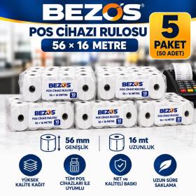 Termal POS Cihazı Rulosu 56 mm x 16 m - 50 Adet (5 Paket) Yazar Kasa Slip Rulosu