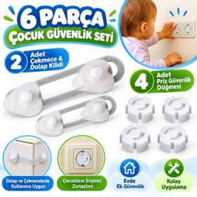 6 Parça Çocuk Güvenlik 3'lü Seti-2 Boy Çekmece,Dolap Kilidi ve 4 Adet Priz İçi Güvenlik Düğmesi