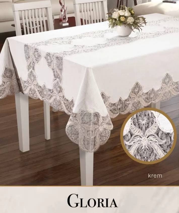 Keten Tek Masa Örtüsü Tablecloth 160x300 cm Dantelli Yemek Masası Örtüsü Gloria Model Krem