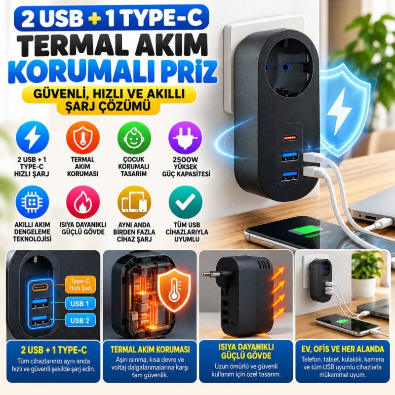 2 USB,1 TYPE-C Girişli 1'li Çocuk Korumalı,Isıya Karşı Dayanıklı 2500Watt Termal Akım Korumalı Priz