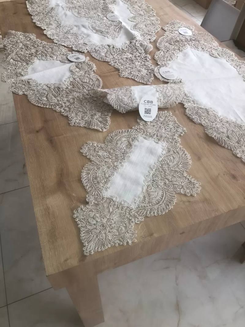 Salon Takımı Keten Angelika Çeyizlik Kreme Gold Runner Set 5 Parça Keten Ranır Masa Sehpa Konsol Örtüsü