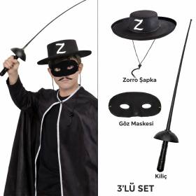 Zorro Kostüm Seti 3?lü Çocuk ? Şapka, Maske ve Kılıç
