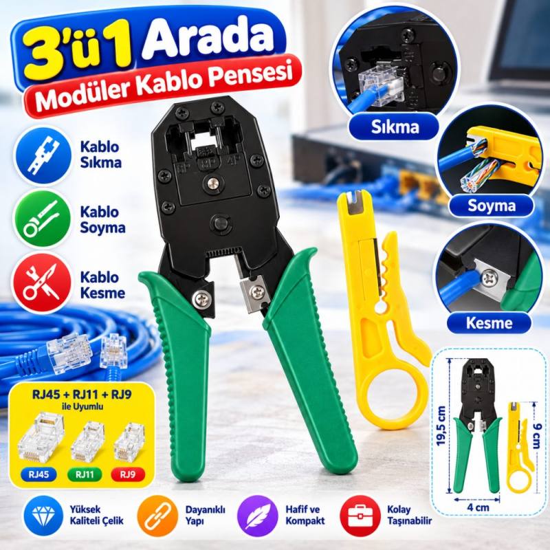 3ü 1 Arada Modüler Kablo Sıkma,Soyma ve Kesme Pensesi