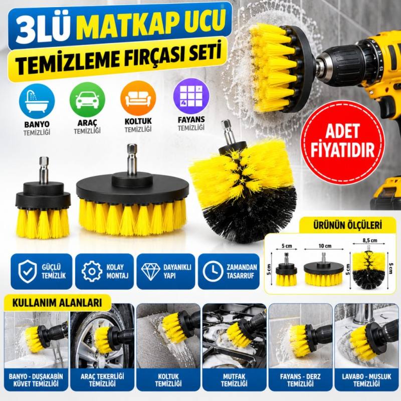 3lü Matkap Ucu Banyo Küvet Duşakabin Araba Tekerliği Koltuk Yıkama Temizleme Fırçası Seti
