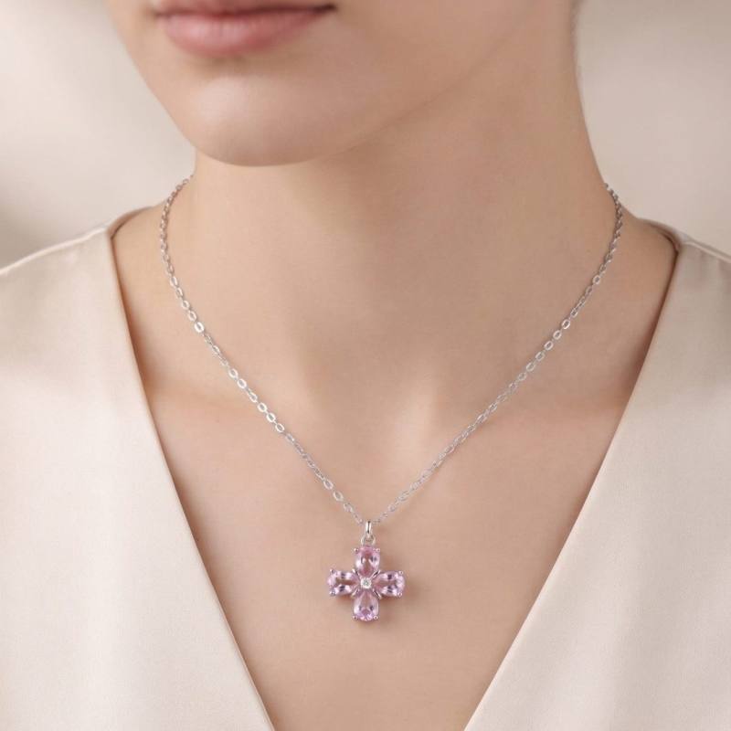 Gümüş Kaplama Pembe Zirkon Taşlı Yonca Kadın Kolye | Toptan Çelik Kolye
