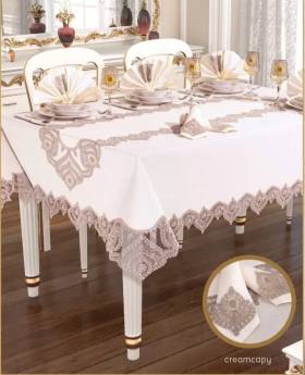 Kartanesi Gardenya Keten Krem-Kapiçino 12 Kişilik 26 Parça Çeyizlik Şık 160x220 cm Masa Örtüsü