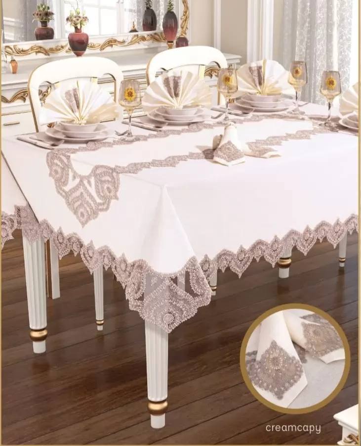 Kartanesi Gardenya Keten Krem-Kapiçino 12 Kişilik 26 Parça Çeyizlik Şık 160x220 cm Masa Örtüsü