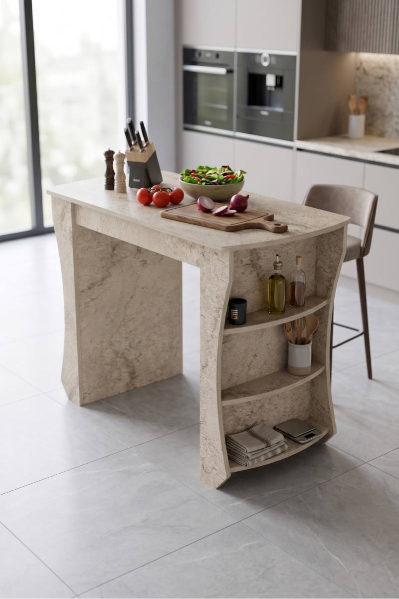 Mutfak Masası Mutfak Adası Ada Masa Bar Masası Kahvaltı Masası Raflı Çok Amaçlı Dolap Modern Masa 120x60 cm 9835 Traverten