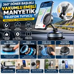 360° Döner Başlıklı Vakumlu Emişli Manyetik Telefon Tutucu – Güçlü Mıknatıslı, İz Bırakmaz