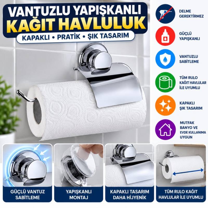 Vantuzlu Yapışkanlı Kağıt Havluluk Rulo Havlu Tutacağı Askısı