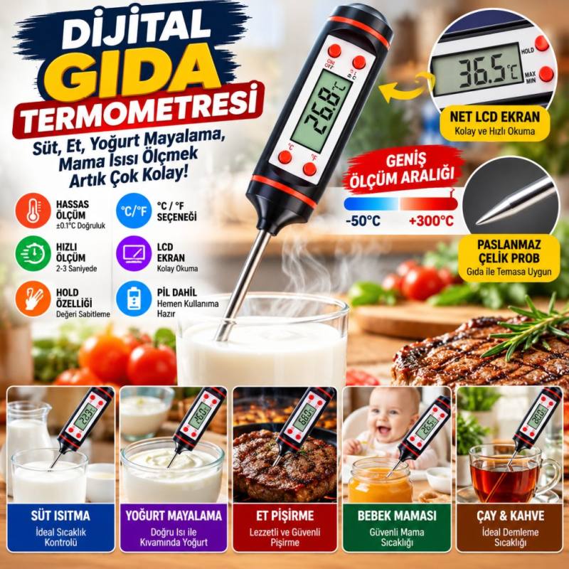 Dijital Gıda Termometresi Süt,Et,Yoğurt Mayalama,Mama Derecesi Ölçer Gıda Termometresi