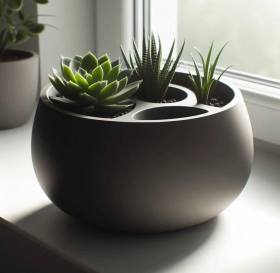 3D Baskı 3lü Sukulent Saksısı ve Kalemlik Organizer - Dekoratif Masaüstü Bitki Saksısı-Siyah