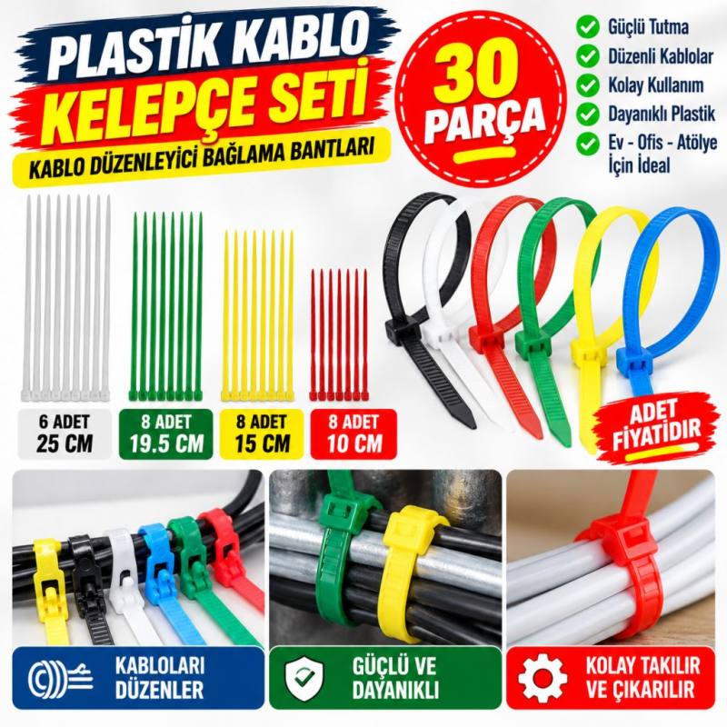 30 Parça Plastik Kablo Kelepçe Seti Kablo Düzenleyici Bağlama Bantları