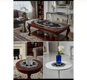 Elora Siyah Model 5 Parça Velvet Kadife Dantelli Runner Seti Salon Takımı