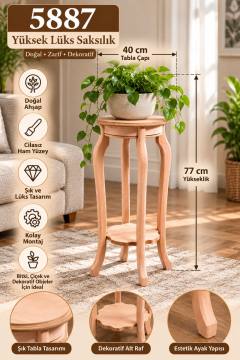 5887 Yüksek Lüks Saksılık 77 cm Cilasız Ham Ahşap Dekoratif Çiçeklik Standı, Boyanabilir Yuvarlak Saksı Sehpası 40x40x77 cm