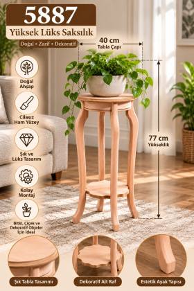 5887 Yüksek Lüks Saksılık 77 cm Cilasız Ham Ahşap Dekoratif Çiçeklik Standı, Boyanabilir Yuvarlak Saksı Sehpası 40x40x77 cm