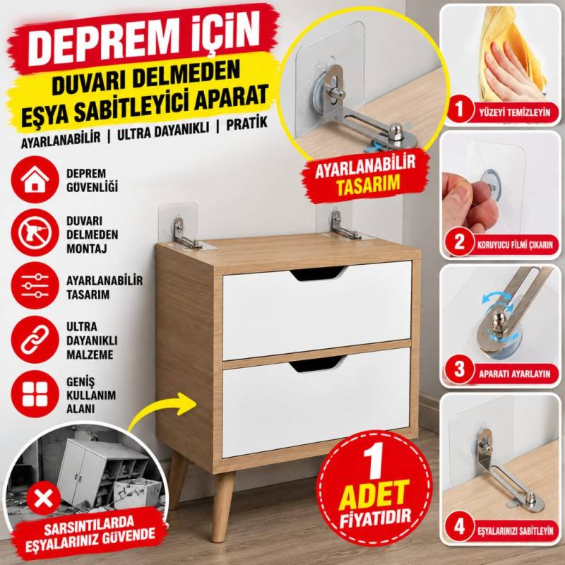 Deprem İçin Ultra Dayanıklı Çivisiz Duvarı Delmeden Ayarlanabilir Eşya Sabitleyici Aparat(adet fiyatıdır)