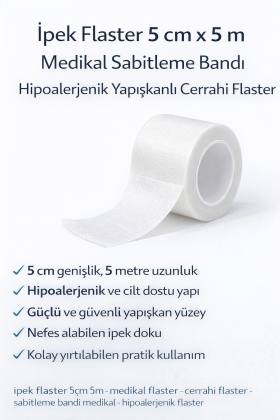 İpek Flaster 5 cm x 5 m Medikal Sabitleme Bandı Hipoalerjenik Yapışkanlı Cerrahi Flaster