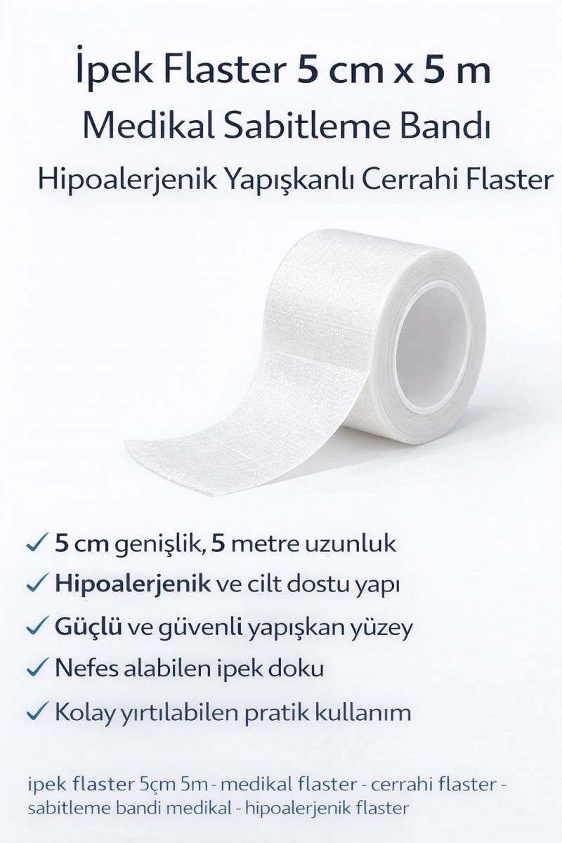 İpek Flaster 5 cm x 5 m Medikal Sabitleme Bandı Hipoalerjenik Yapışkanlı Cerrahi Flaster