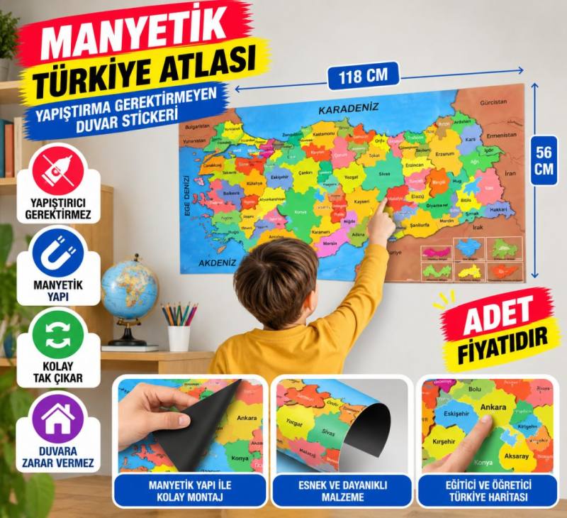 Renkli Türkiye Haritası Manyetik Yapıştırıcı Gerektirmeyen Duvar Stickerı 118 CM * 56 CM (adet fiyatıdır)