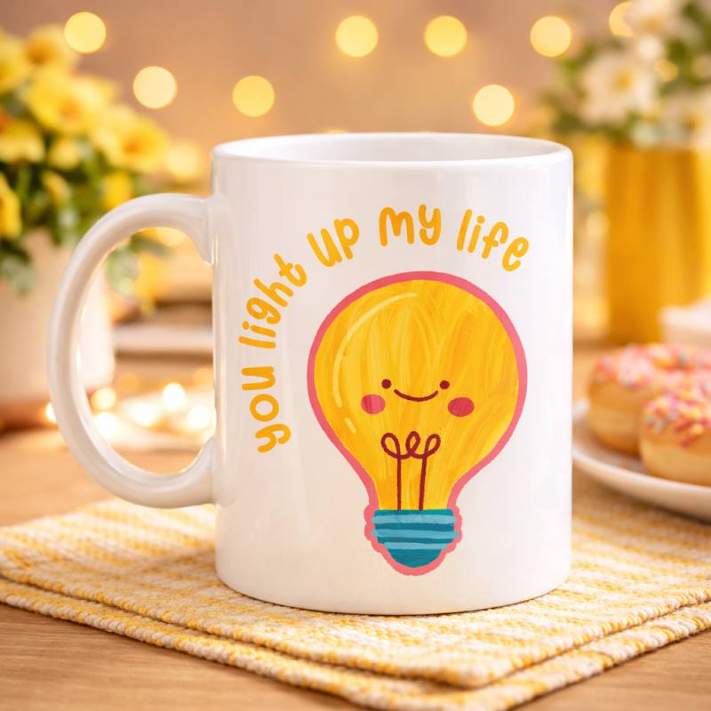 You Light Up My Life Tasarımlı Porselen Kupa Model 15 - Sevimli Ampul Desenli Hediyelik Kahve Kupası