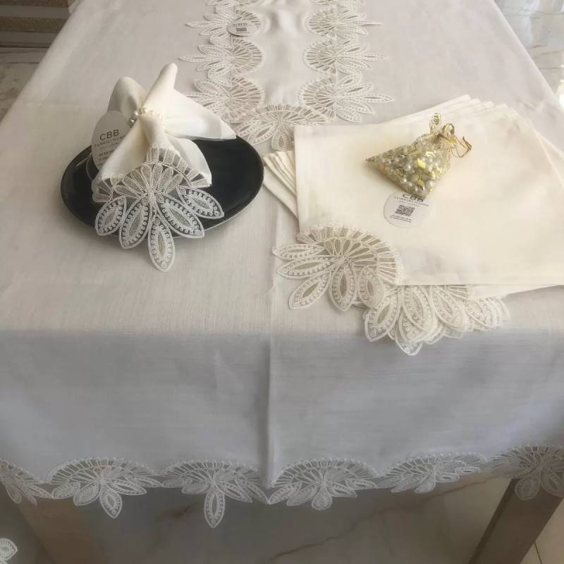 Sofra Takımı Lady Gardenya Keten Yemek Takımı 160x220 Masa Seti 26 Parça Runner Set Kreme Gold