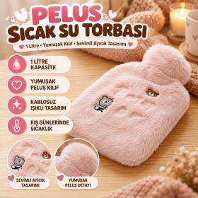 Işıklı Ayıcıklı Figürlü Pembe Peluş Sıcak Su Torbası 1 Lt – Yumuşak Kılıf, Uzun Süre Sıcak Tutan Termal Su Torbası