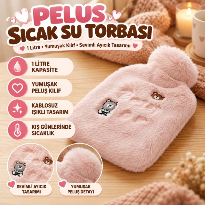 Işıklı Ayıcıklı Figürlü Pembe Peluş Sıcak Su Torbası 1 Lt – Yumuşak Kılıf, Uzun Süre Sıcak Tutan Termal Su Torbası