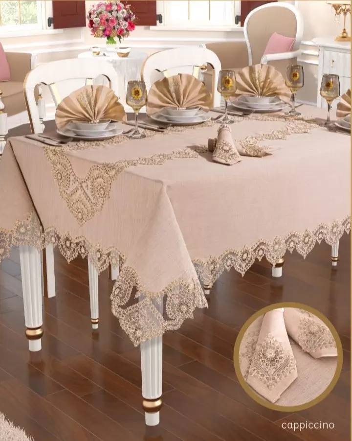 Kapiçino Kartanesi Gardenya Keten 12 Kişilik 160 × 220 cm Yemek Takımı Masa Seti