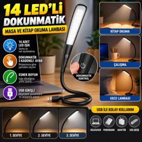USB Girişli 14 Ledli 3 Kademeli Dokunmatik Masa/Kitap Okuma Lambası Ledi Siyah