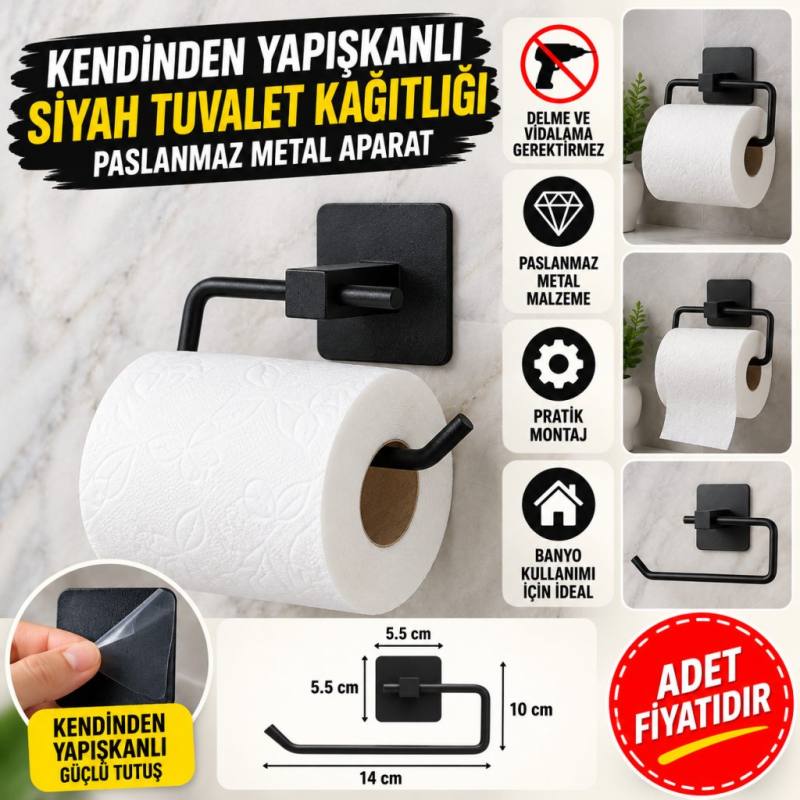 Kendiliğinden Yapışkanlı Siyah Paslanmaz Metal Kapaksız Tuvalet Kağıtlığı Aparatı (adet fiyatıdır)