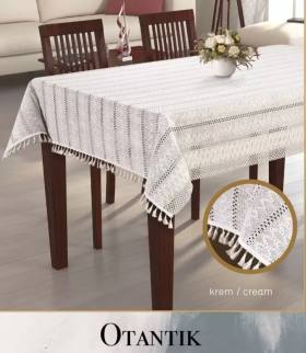 Pamuklu Masa Örtüsü Tablecloth 150x260 cm Yemek Masası Örtüsü Otantik Model Krem