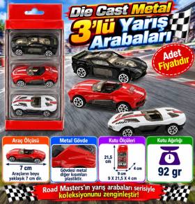 Die Cast Metal 3'lü Yarış Arabaları Siyah Araçlı