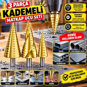 3 Parça Kademeli Matkap Ucu Paslanmaz Uç Alüminyum Sac Demir Delme Seti