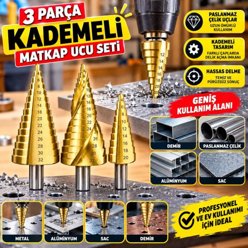 3 Parça Kademeli Matkap Ucu Paslanmaz Uç Alüminyum Sac Demir Delme Seti