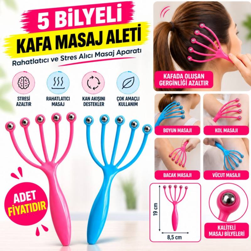 Çok Fonksiyonlu 5 Uçlu Bilyeli Baş Boyun Bacak Kol Masaj Alet Rahatlatıcı Kafa Masaj Aparatı (adet fiyatıdır)