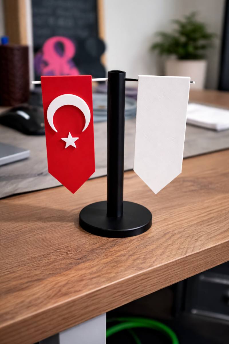 3D Baskı Masaüstü Standlı Türk Bayrağı Dekoru Ofis ve Masa Süsü