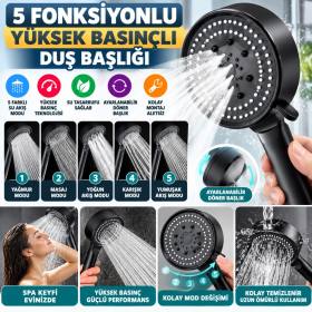 5 Fonksiyonlu Yüksek Basınçlı Ayarlanabilir Siyah Duş Başlığı