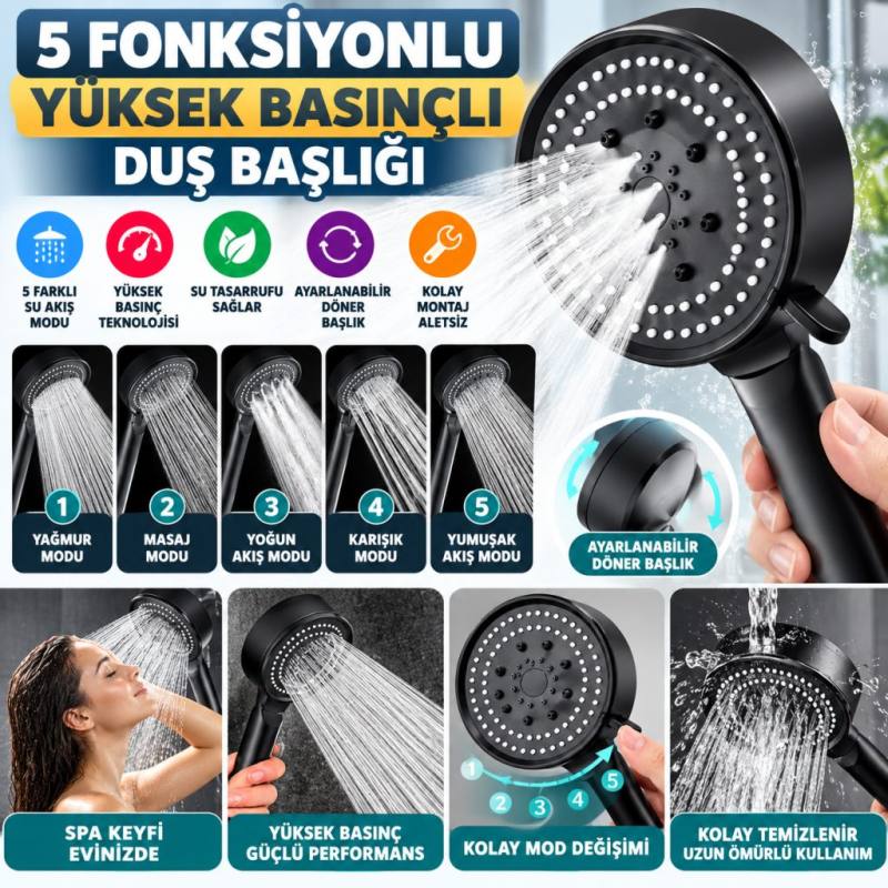 5 Fonksiyonlu Yüksek Basınçlı Ayarlanabilir Siyah Duş Başlığı