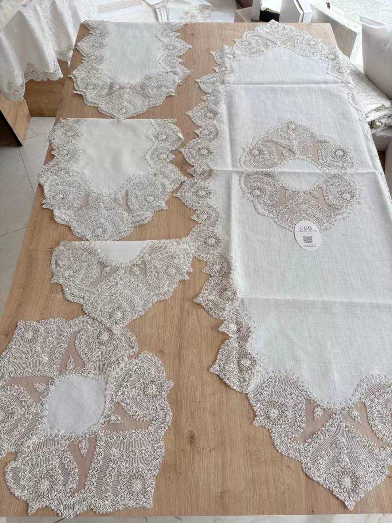 Salon Takımı Çeyizlik Krem Runner Set 5 Parça Keten Ranır Masa Konsol Sehpa Örtüsü Kartanesi
