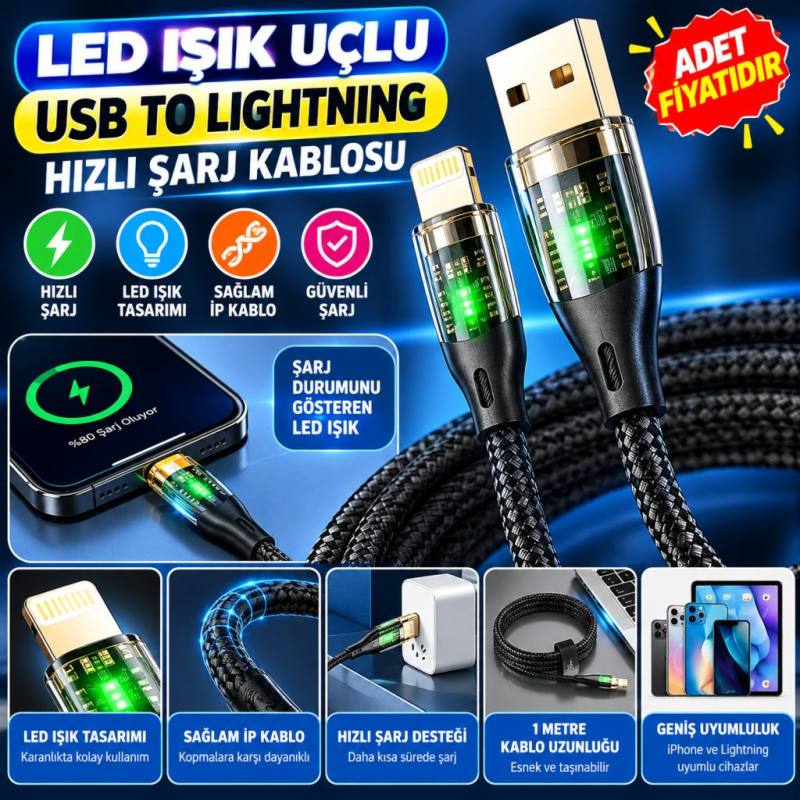 Led Işık Uçlu Sağlam İp Kablolu USB to Lightning Hızlı Şarj Kablosu