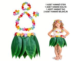 Çocuk Hawaii Kostüm Seti - Yaprak Etek & Hawaii Set - 5 Parça