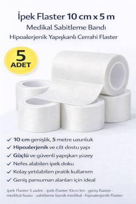 İpek Flaster 10 cm x 5 m 5 Adet Medikal Sabitleme Bandı Hipoalerjenik Yapışkanlı Cerrahi Flaster