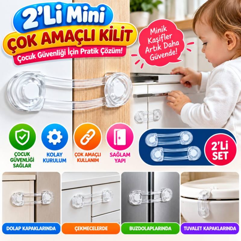 2'li Mini Çok Amaçlı Kilit- Çocuk Güvenlik Gereçkerli Çekmece,Dolap,Kapak Kilidi