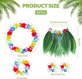 Çocuk Hawaii Kostüm Seti - Yaprak Etek &amp; Hawaii Set - 5 Parça