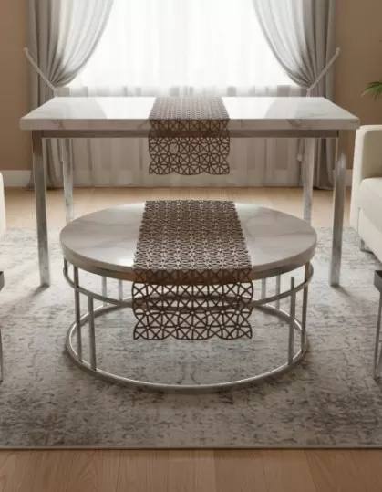 Salon Takımı 5 Parça Dantel Masa Örtüsü Runner Seti Kahverengi Angles Model No 856