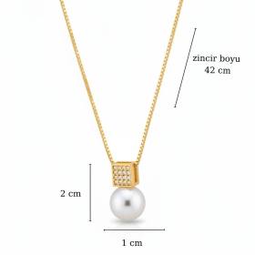 Gold İncili ve Zirkon Taşlı Çelik Kolye - Özel Hediye Kutulu Set