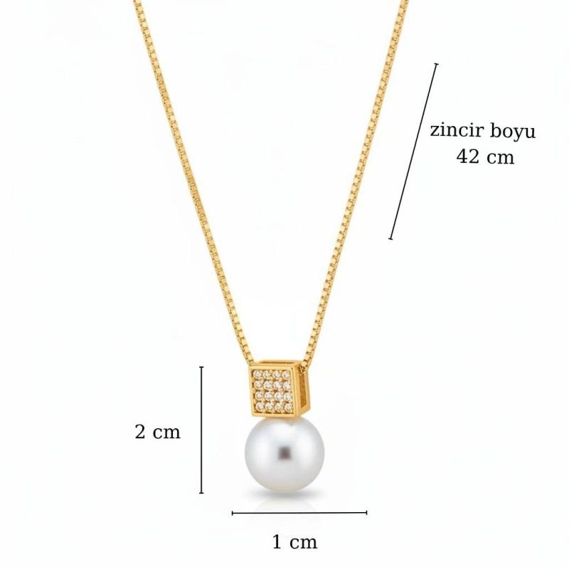 Gold İncili ve Zirkon Taşlı Çelik Kolye - Özel Hediye Kutulu Set