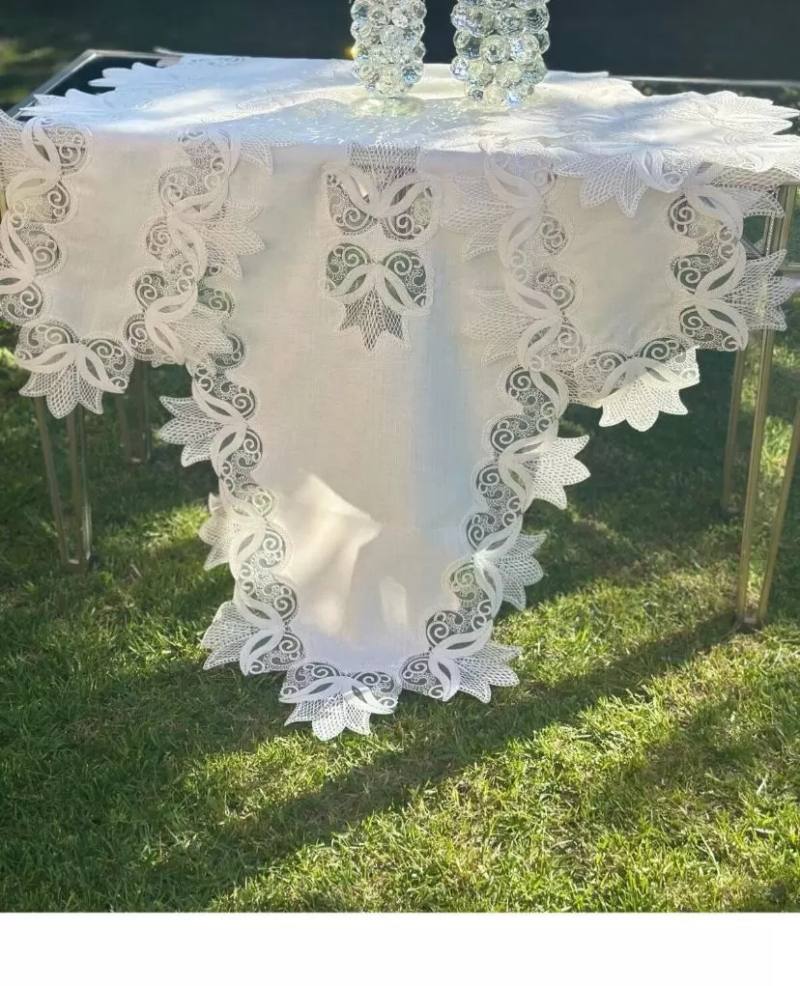 Krem-Gold Kayla Model 5 Parça Keten Dantelli Masa Örtüsü Runner Seti Zarif Salon Takımı