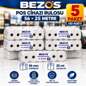 Termal POS Cihazı Rulosu 56 mm x 25 m - 50 Adet (5 Paket) Yazar Kasa Slip Rulosu